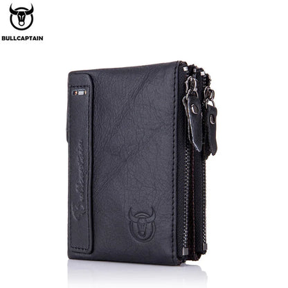 BULLCAPTAIN retro leather men's wallet leather zipper buckle short money wallet card holder coin purse RFID wallet QB06