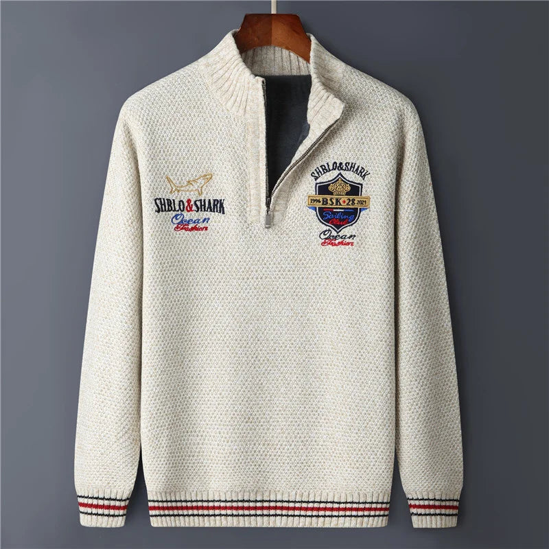 Men's Fleece Warm Half Zip Pullover Knitted Sweater Vintage Letter Print Cotton Coat Red/Black Winter Fashion