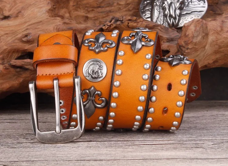 High Quality Metal Rivet Cowboy Belt Top Grain Genuine Leather Cowskin Men Belt Punk Rivet Jeans Belts For Men
