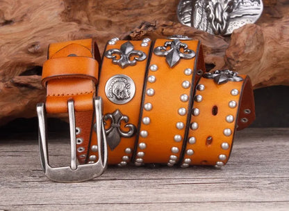 High Quality Metal Rivet Cowboy Belt Top Grain Genuine Leather Cowskin Men Belt Punk Rivet Jeans Belts For Men