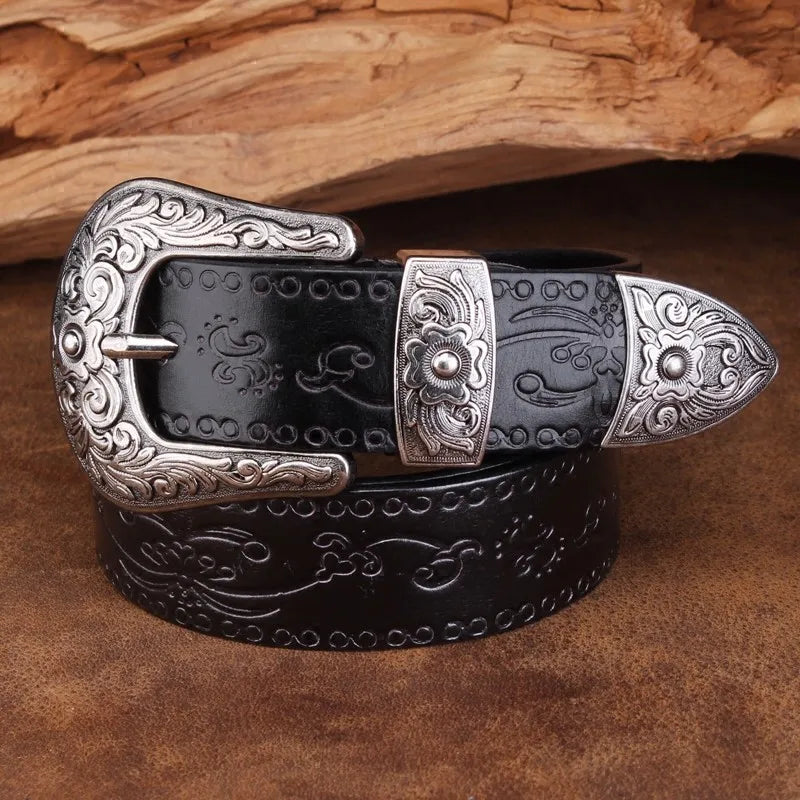 High Quality Court Style Embossed Western Cowboy Steel Buckle Belt Genuine Leather Designer Men Belt Punk Jeans Belts For Men