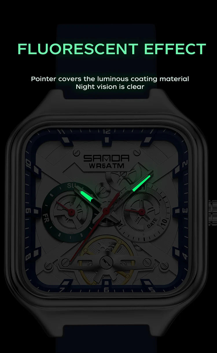 SANDA New Casual Men's Square Watches Fashion Hollow Skeleton Luminous 5ATM Waterproof Multifunction Chronograph Quartz Watch