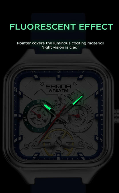 SANDA New Casual Men's Square Watches Fashion Hollow Skeleton Luminous 5ATM Waterproof Multifunction Chronograph Quartz Watch