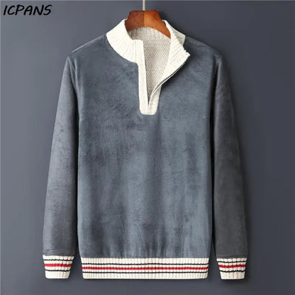 Men's Fleece Warm Half Zip Pullover Knitted Sweater Vintage Letter Print Cotton Coat Red/Black Winter Fashion