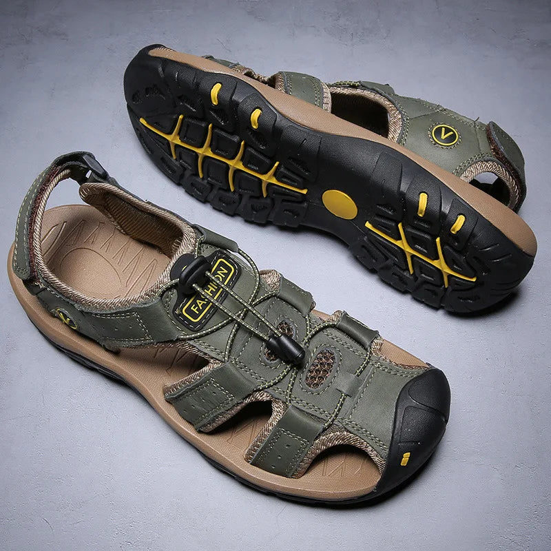 2026 New Men's Sandals Handmade Thick Bottom Rubber Breathable Casual Slip-On Beach Shoes Leather Upgraded Version