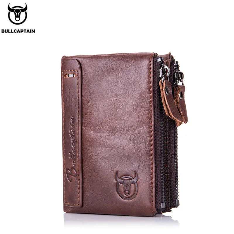 BULLCAPTAIN retro leather men's wallet leather zipper buckle short money wallet card holder coin purse RFID wallet QB06
