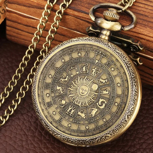 Bronze Vintage Tarot Commemorative Pattern Pocket Watch Constellation Lucky Sun Moon Necklace Memorial For Male Kids Relogio Saa