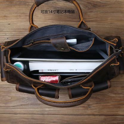 NZPJ Vintage Genuine Leather Men's Briefcase Crazy Horse  Handbag Natural Cowhide Travel Bag Casual Shoulder Crossbody Bag