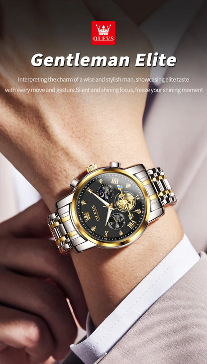 OLEVS Men's Watches Classic Multifunctional Flywheel Chronograph Original Quartz Wristwatch Moon Phase 24 Hour Waterproof Reloj