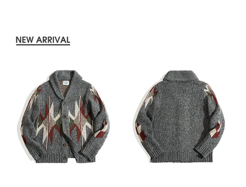 Maden Knitted Vintage Cardigan Men Sweater Indiana Thick Knit Oversized Streetwear Geometric Trend V-neck Christmas Knit Coats