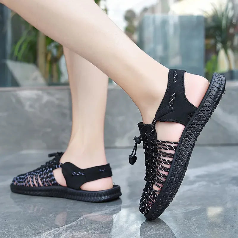 Summer Men Sandals Women Slippers Weaving Design Beach Sandals Breathable Casual Flat Sandals Outdoor Couples Sandals Size 48
