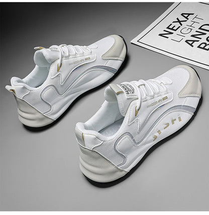 Trendy Black and Gold Color-Blocking Mesh Casual Shoes, Men's Breathable Shock-Absorbing Thick-Soled Sneakers, Versatile Soft-Soled Non-Slip Men's Shoes for Daily Commuting