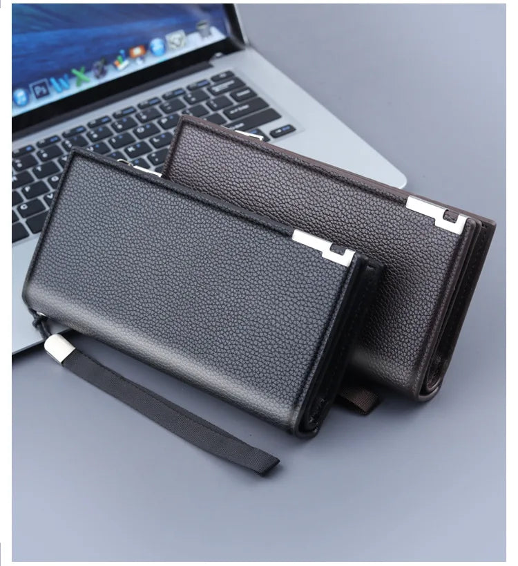 Long Clutch Men PU Material Zipper Hasp Cell Phone Bag Card Holder Coin Pocket Large Capacity Multifunctional Handbag Business