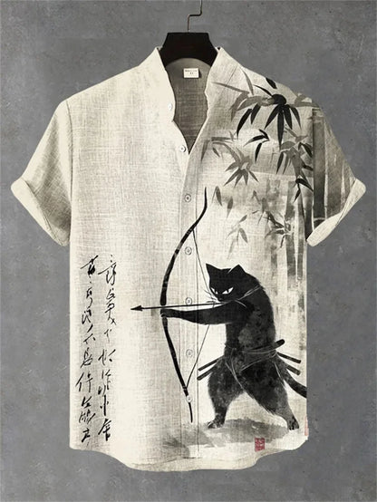 New Men's Samurai Hawaiian Shirt 3D Wave Print Casual Short Sleeve Top Loose Costume Fashion Vintage Shirt