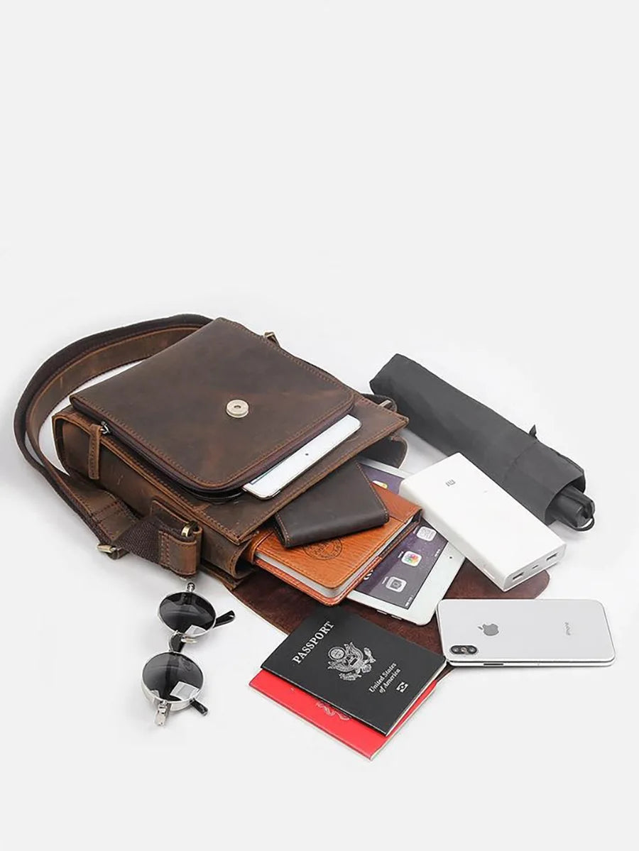 NASVA Men's Genuine Leather Shoulder Bag Vintage Small Crossbody Bag Casual Messenger Bag Outdoor Sports Sling Bag
