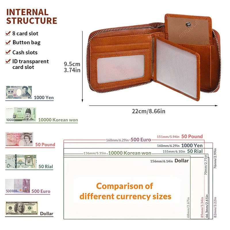 Wallet for men genuine leather zipper wallet, change card bag, all-in-one wallet, trendy short clip for men