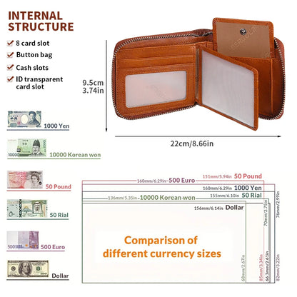 Wallet for men genuine leather zipper wallet, change card bag, all-in-one wallet, trendy short clip for men