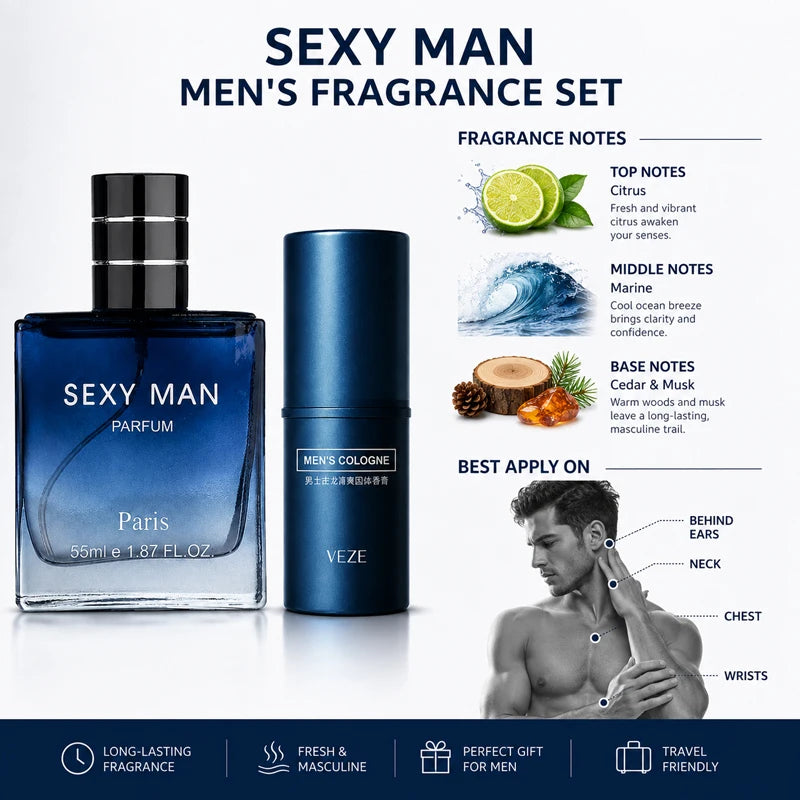 2PCS Men's Cologne Set No Box Long Lasting Fresh Marine Perfume Spray + Solid Cologne Portable Travel Gift for Men