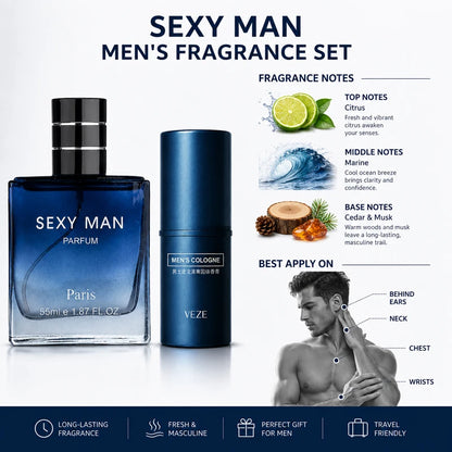 2PCS Men's Cologne Set No Box Long Lasting Fresh Marine Perfume Spray + Solid Cologne Portable Travel Gift for Men