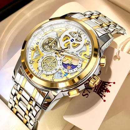 OLEVS 9947 Men's Watches Top Brand Luxury Original Waterproof Quartz Watch for Man Gold Skeleton Style 24 Hour Day Night New