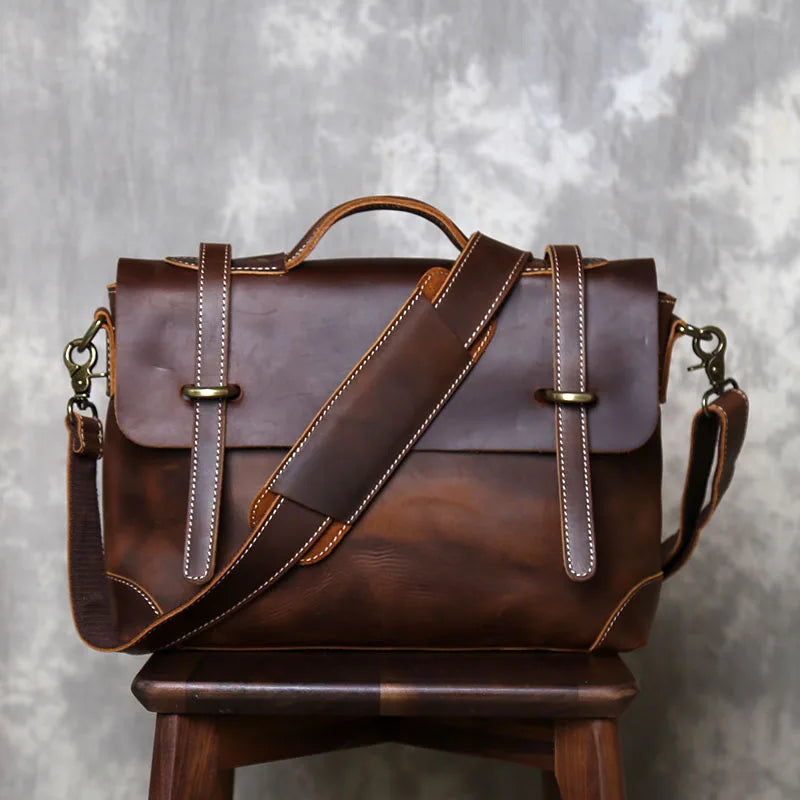 Retro Crazy Horse Leather Commuter Handbag Top Layer Cowhide Old Postman Bag British Style Leather Diagonal Shoulder Bag Male