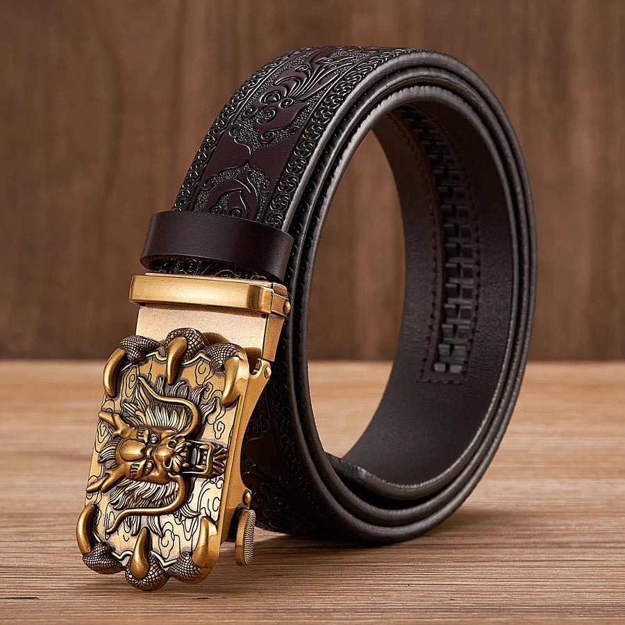 3.5cm Fashion Embossing Retro Male Belts for Men Business Split Leather Belt Dragon Pattern Automatic Buckle Strap