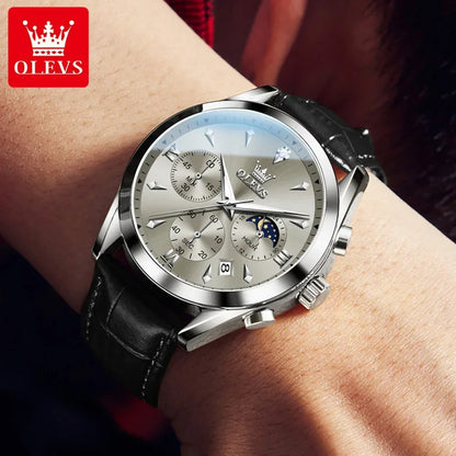 OLEVS 3609 Original Moon Phase Chronograph Watch for Men Leather Waterproof Luminous Luxury Quartz Mens Wristwatches Reloj Mujer