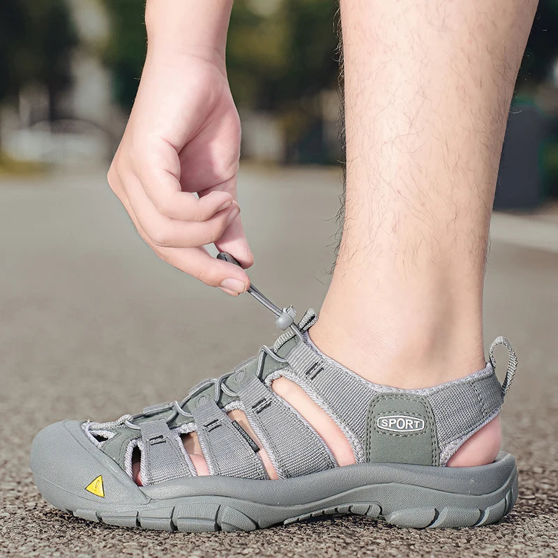 Outdoor Summer Men Sandals Leather Mens Casual Shoes Non-Slip Male Beach Shoes Anti-collision Toe Roman Flats Flip-flops 38-48