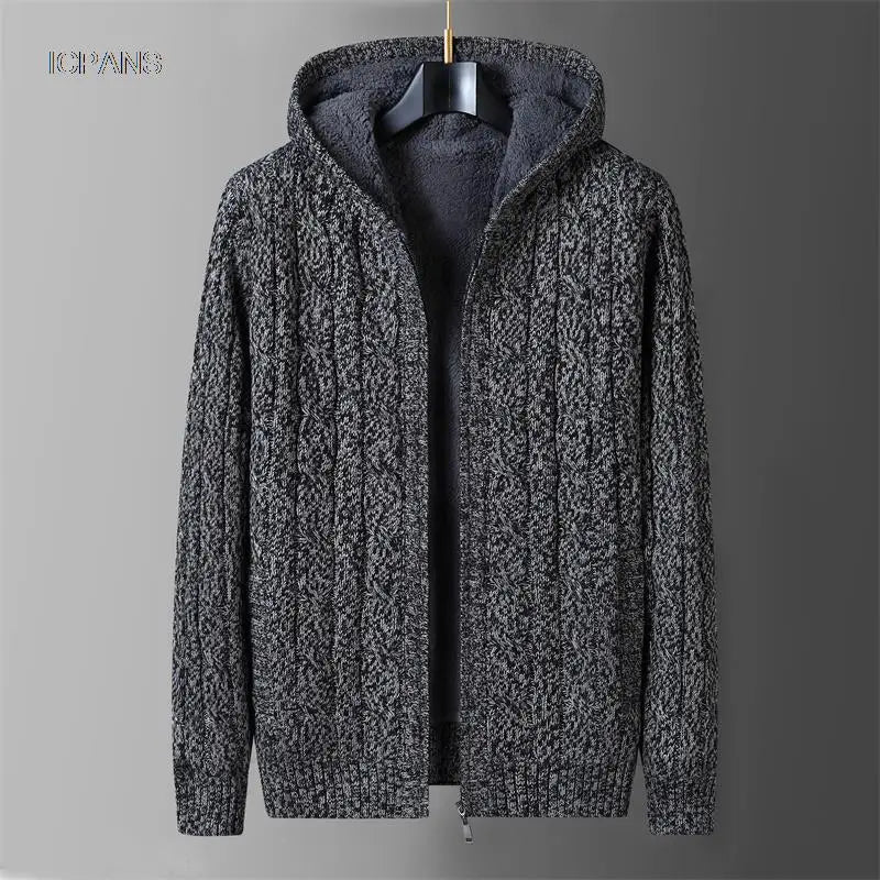 Men's Hooded Knit Winter Sweater Warm Fleece Liner Cardigan Black Khaki Knitwear Jacket Coat Clothing