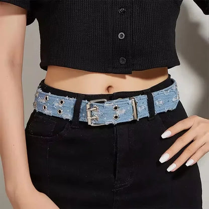 1Pc Fashion Luxury Belt Black Punk Accessories Blue Denim Girdle HipHop Y2k Star Hollowed Pin Buckle Waistband，For Men Women