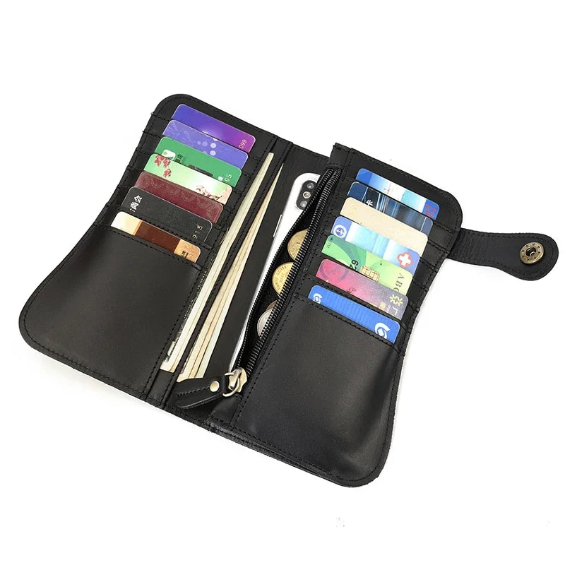 Men's Genuine Leather Wallet Chain Snap Bifold Purse Crazy Horse Leather Card Case Phone Card Holder Clutch Dragon Wallet