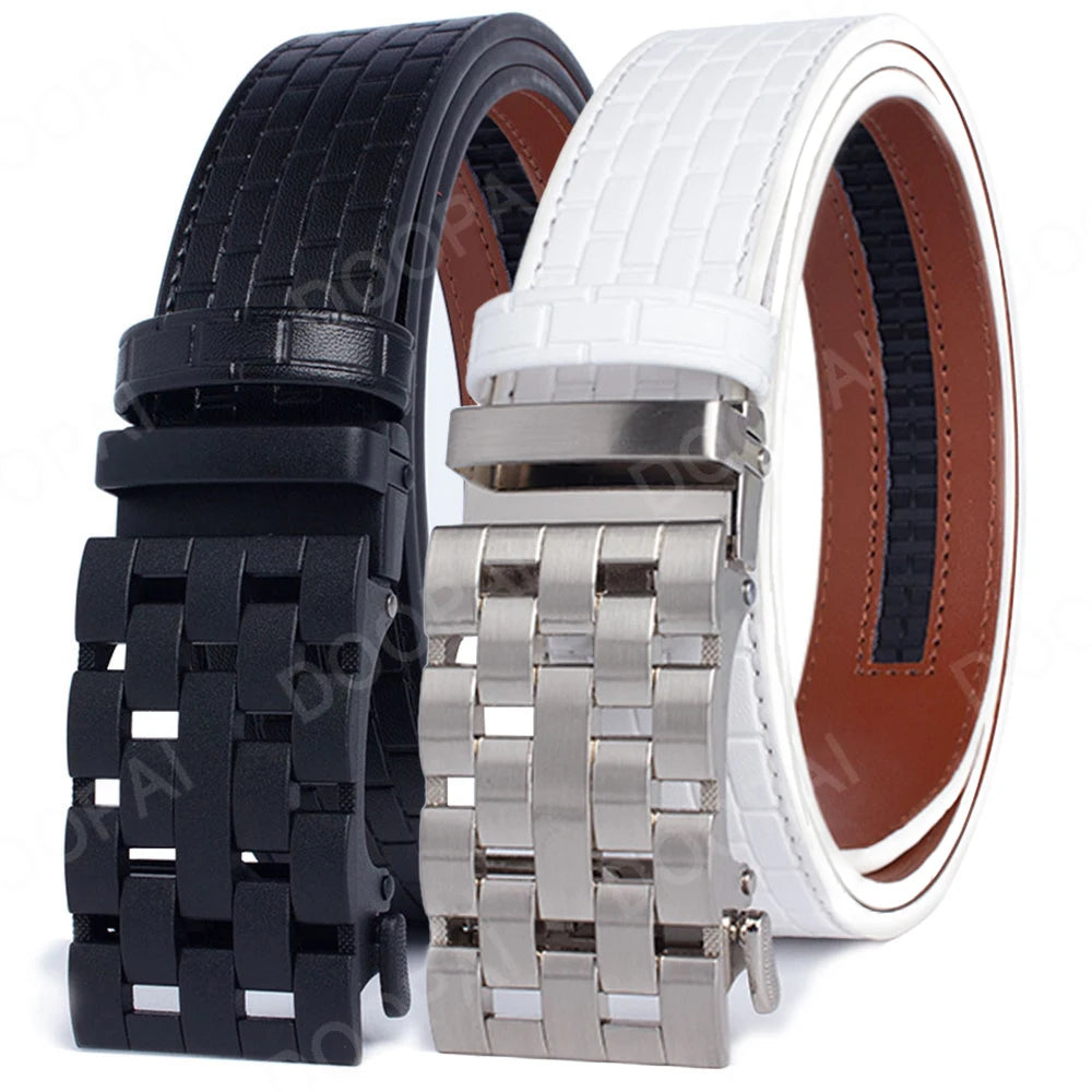 2023 Men Belt Metal Luxury Brand Automatic Buckle Plaid Genuine Leather Belts for Men Waist Strap Black Male