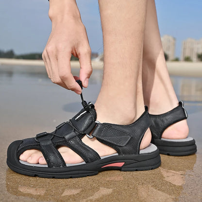 Genuine Leather Mens Water Beach Sandals Summer Closed Toe Sandals Non-slip Hiking Wading Sneakers Quick Dry Wading Aqua Shoes