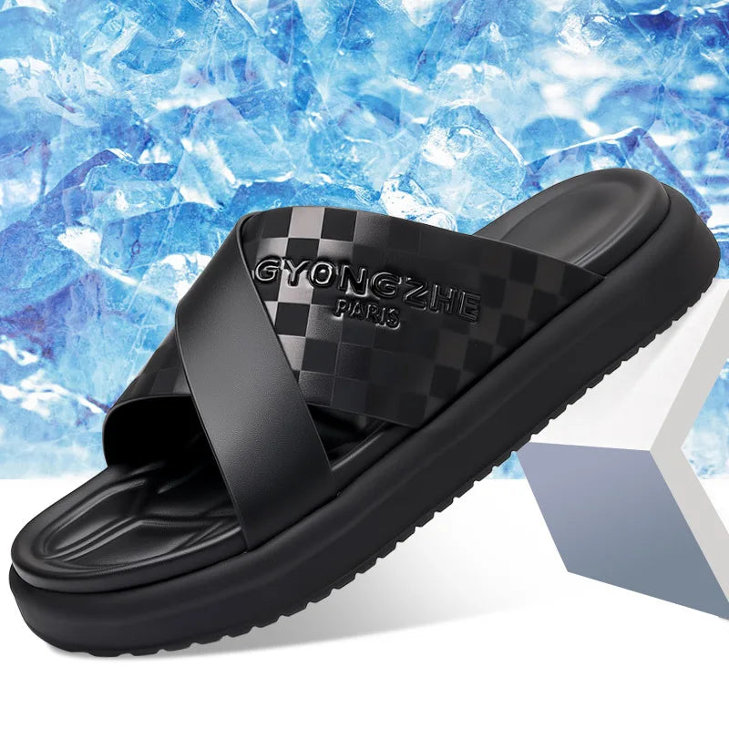 Summer New Fashion Outside Wear Slippers for Men Business Casual Black Leisure Genuine Leather Beach Shoes Slippers Man