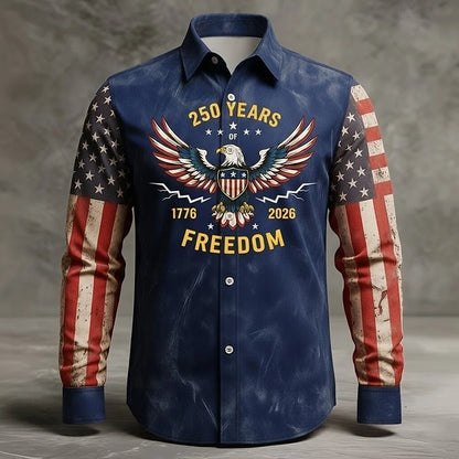 Men's Shirt Us Flag Freedom 250th Anniversary Trendy Retro 3D Print Top Autumn Long Sleeved Button up Spring Fall Holiday Shirts