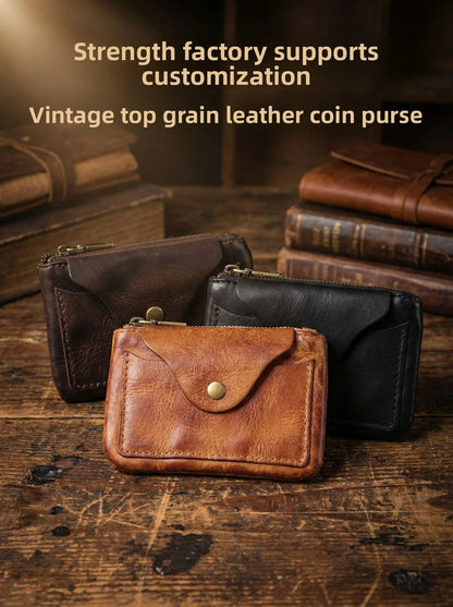 New Slim Short Men's Wallet Vintage Genuine Leather Card Holder Zipper Male Coin Purses High Quality Snap Men Money Clips