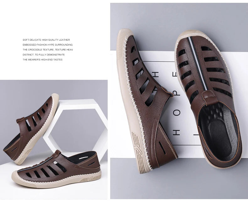 Outdoor Men Summer Sandals Breathable Hollow Leisure Anti Slip Leather Beach Shoes Fashionable Man Comfortable Hole Shoes