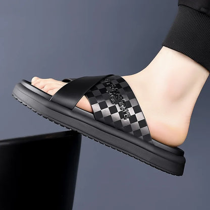 Summer New Fashion Outside Wear Slippers for Men Business Casual Black Leisure Genuine Leather Beach Shoes Slippers Man