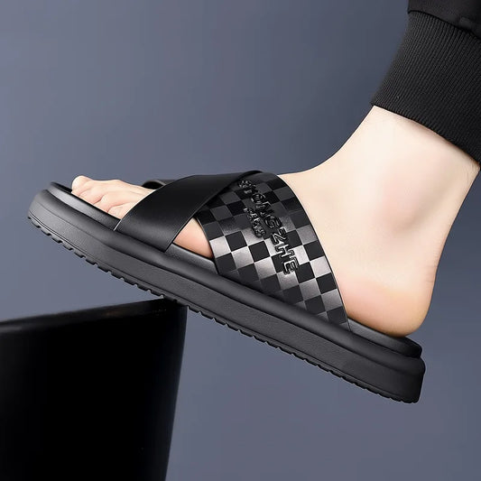 Summer New Fashion Outside Wear Slippers for Men Business Casual Black Leisure Genuine Leather Beach Shoes Slippers Man