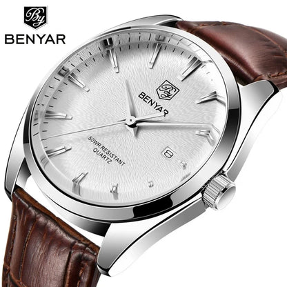 Benyar 5163 Top Brand Luxury Military Wristwatches Leather Quartz Watches Waterproof Simple Watch for Men Reloj Hombre
