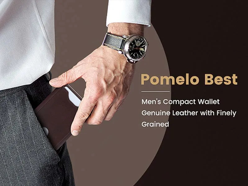 Pomelo Best Portable Men's Bifold Small Vintage Genuine Fine Grain Leather Wallet with Coin Compartment Press Stud Gift for Men