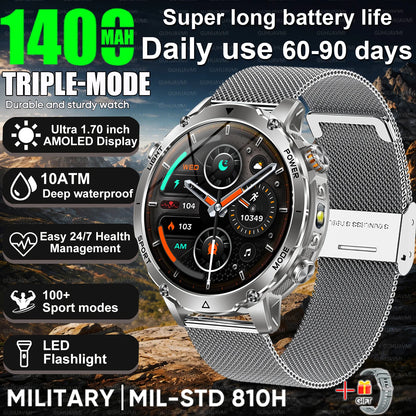 Newly Durable 1400mAh Large Battery Smart Watch Men 1.7" HD Screen IP68K Waterproof LED Flashlight Sports BT Call Smart Bracelet