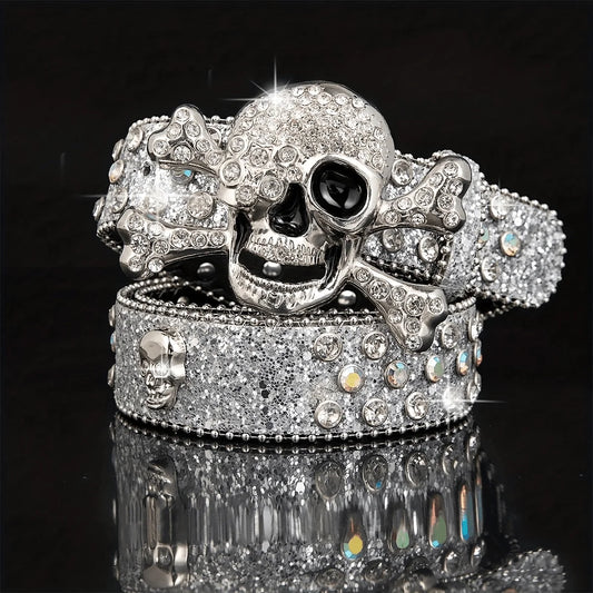 1pc men's American dark style skull buckle belt, rhinestone punk decorative belt, suitable for casual wear