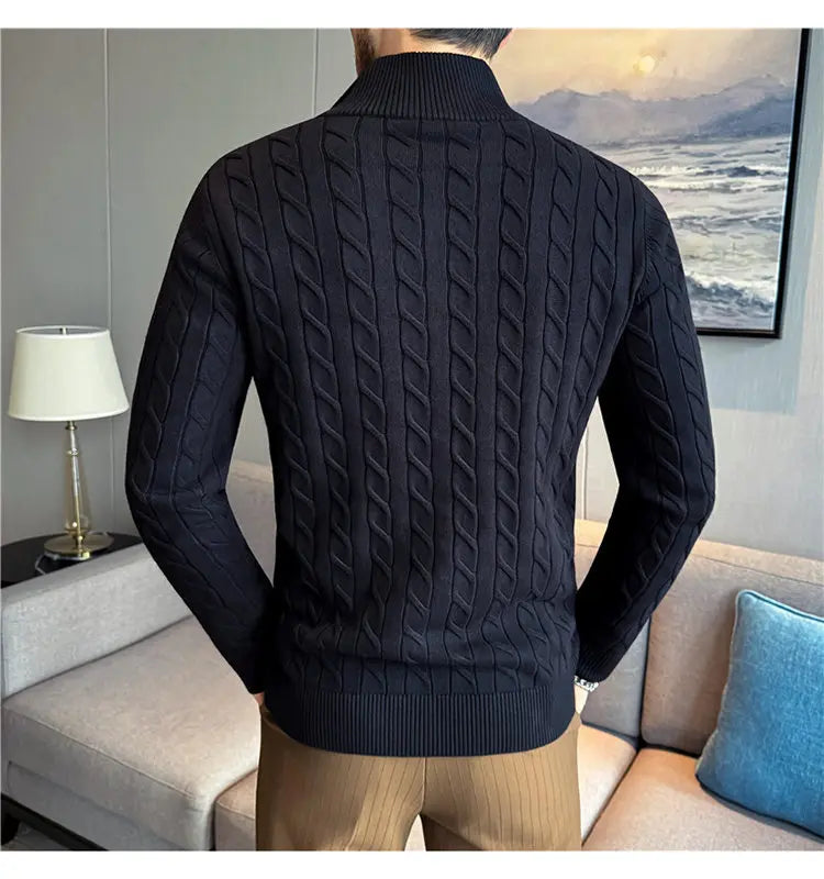 Men's Sweater Autumn Winter New Slim Fit Stand Collar Zipper Knitted Cardigan Fashion Solid Color Warm Stretch Knit Tops Coats