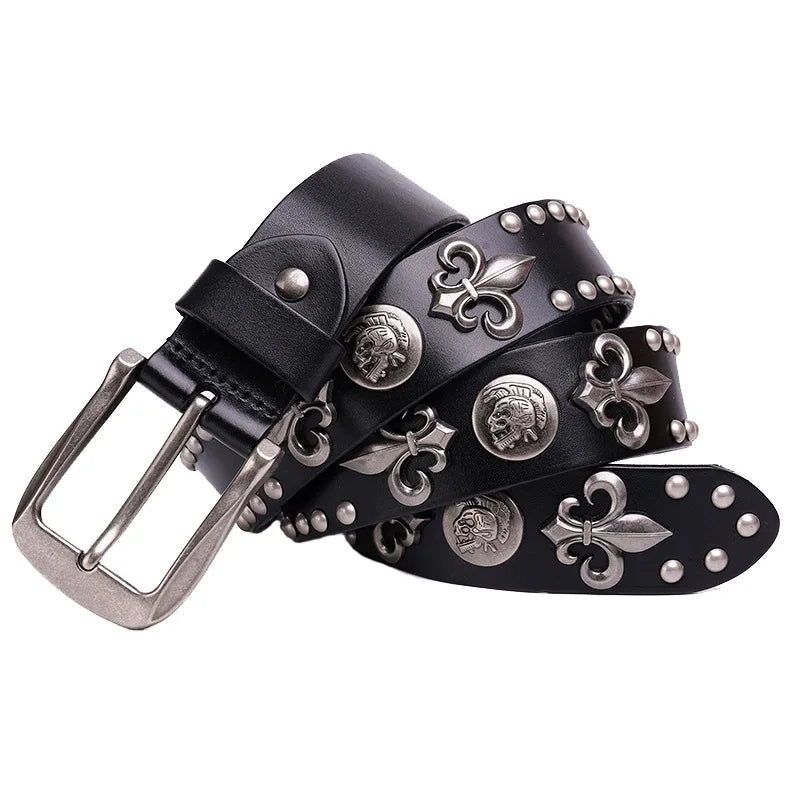 Men Belt Punk Rivet Jeans Belts For WOMEN  NEW Metal Rivet Cowboy Belt Genuine Leather Cowskin