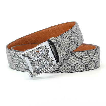 Classic B Print Leather Belt for Men - Adjustable Ratchet Buckle Dress Belt for Suits & Trousers