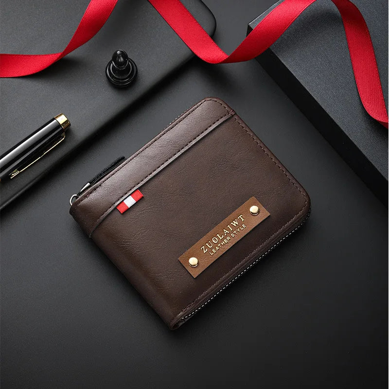 Men Retro Short Wallet Three Fold Splicing Color Design Multifunctional Business Wallet with Hidden Pocket for Daily Casual Use