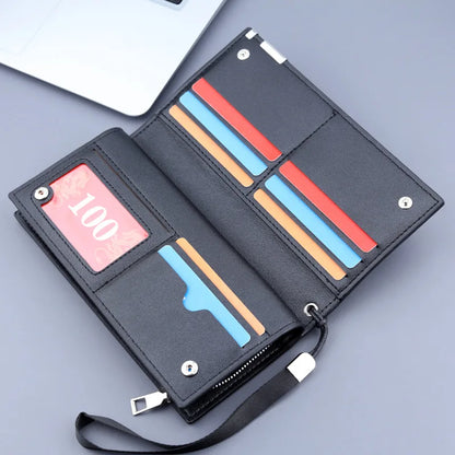 Long Clutch Men PU Material Zipper Hasp Cell Phone Bag Card Holder Coin Pocket Large Capacity Multifunctional Handbag Business