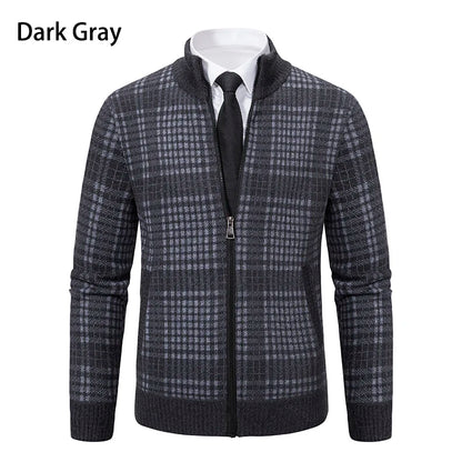 Mens Sweaters Jacket Full Zip Fleeced Sweater Cardigan Plaid Stand Collar Sweaters Coat Autumn Winter Homme Clothes