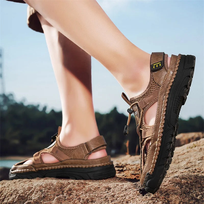 Men's Handmade Simple Letter-Print Sandals, Summer Beach Hollow Sandals, Fashionable Velcro Men's Shoes, Outdoor Hiking and River-Tracing Shoes, Comfortable, Breathable, Wear-Resistant, Non-Slip, Large Size Men's Shoes